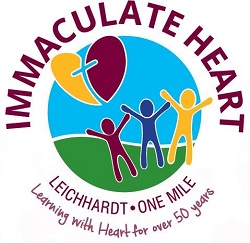 Immaculate Heart Catholic Primary School logo with text Leichhardt One Mile and learning with heart for over 50 years Provide your feedback on BizChat